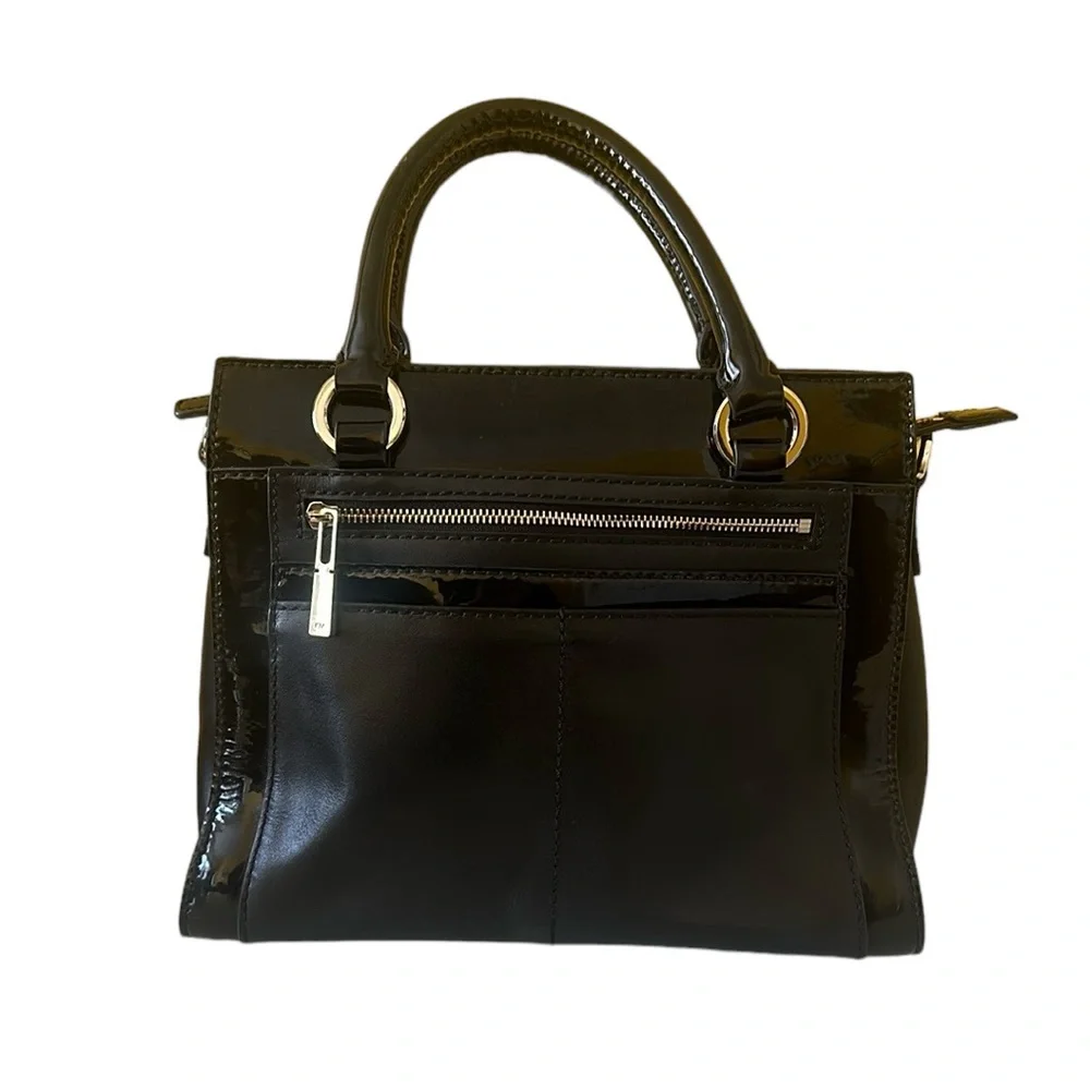 Karen Millen Black Patent Leather Structured Satchel Double Handle Tote Bag